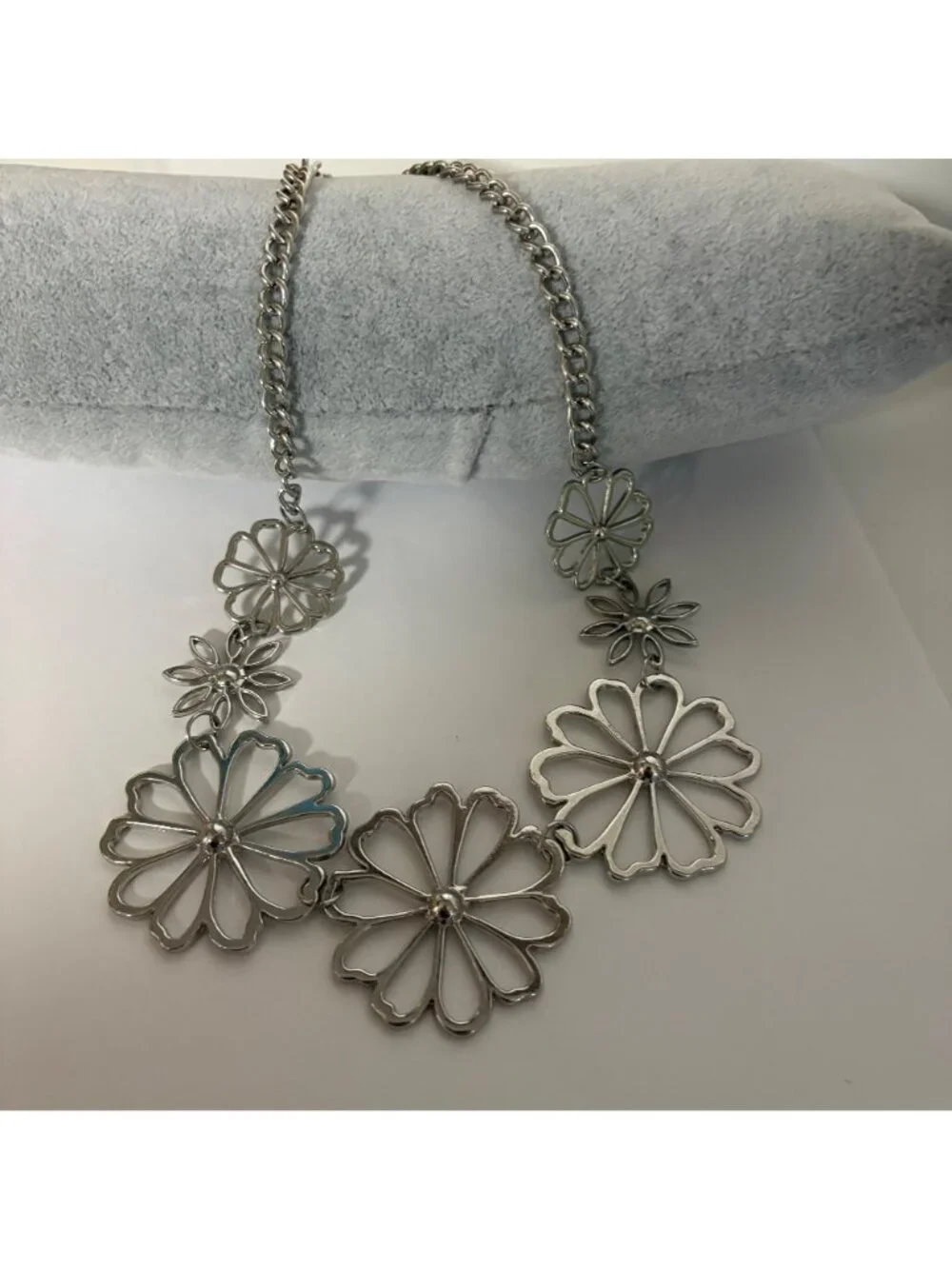 Floral Statement Necklace Silver Tone Adjustable Chain 19 in - 22 in